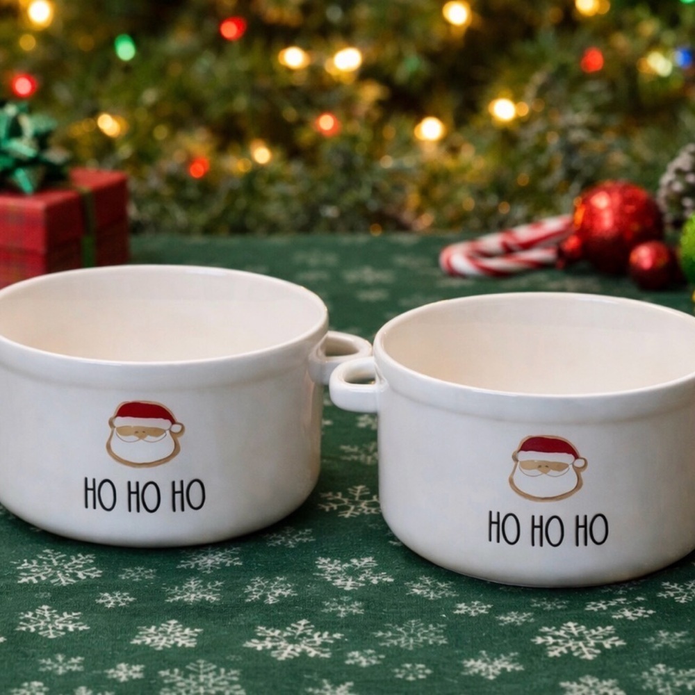 LOT of TWO (2) RAE DUNN ARTISAN COLLECTION HO HO HO SANTA Handled Souffle Bowl